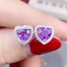 Природный натуральный аметист серьги гвоздики 925 стерлингового серебра прекрасные фиолетовые Кристальные украшения Любовь Сердце Стиль 1.3ct* 2 шт драгоценные камни# S194302