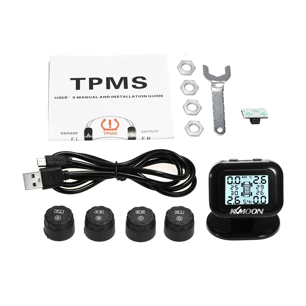 

KKmoon TPMS Tire Pressure Monitoring System Wireless Real-time Solar Energy LCD Display 4 External Sensors Alarm Function