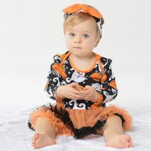 Череп Тыква оранжевая юбка-пачка для маленьких Хэллоуин костюмы с длинным рукавом для девочек; Платье-комбинезон спортивный комбинезон Головные уборы Macacao Bebe Одежда для новорожденных