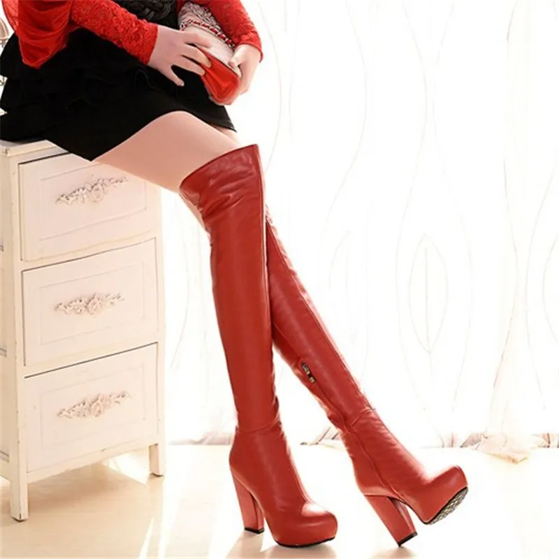 ENMAYLA/женские ботфорты на платформе зимние пикантные высокие сапоги с круглым носком на высоком каблуке Женская обувь с высоким голенищем черного и красного цвета