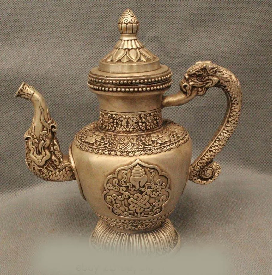 

DS 11" Makred Tibet Buddhism Silver 8 Auspicious Symbol Dragon Wine Tea Pot Flagon