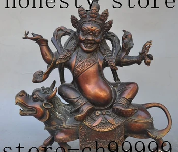 

9" tibet buddhism bronze Yamantaka Mahakala god buddha ride foo dog beast statue
