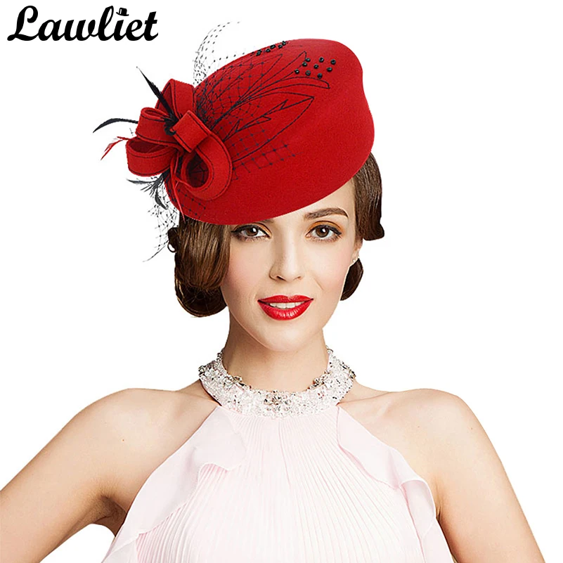 Fascinator Hats for Women Winter Embroidered Veil Wool Felt Pillbox Hats for Formal Cocktail Party Wedding