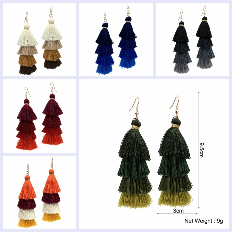 MANILAI Bohemia 4 Layered Tassel Earrings Dangle Earrings Fashion Jewelry Multi color Statement Fringe Long Earring For Women