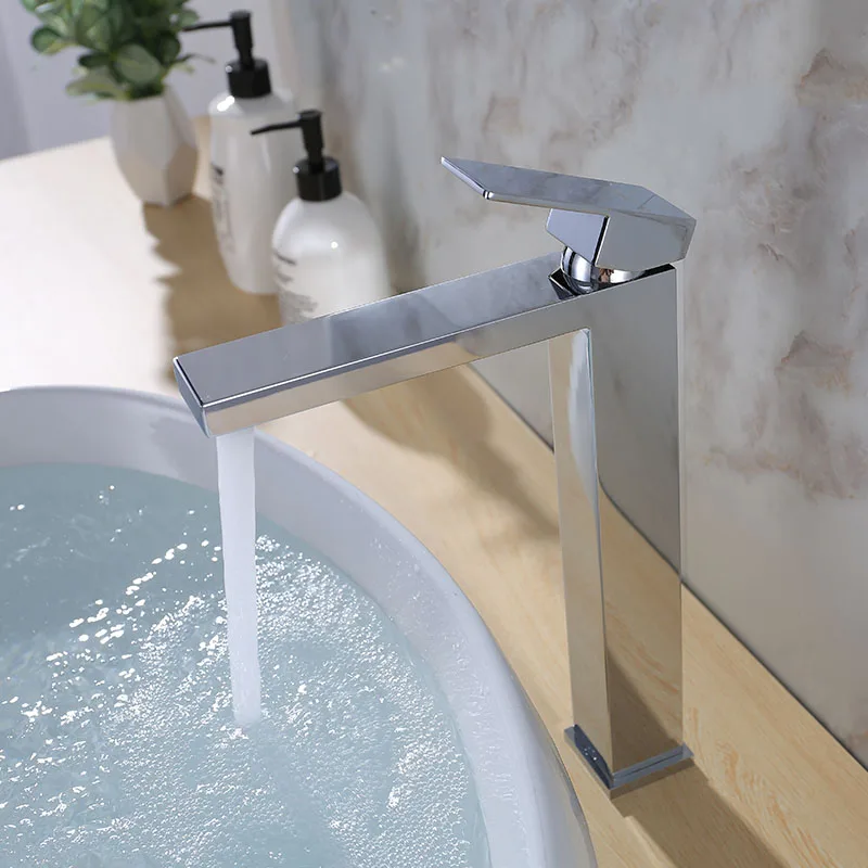 Online Einfache Quadratische Schwarz Bad Wasserhahn Soild Messing Becken Wasserhahn Einzigen Loch Deck Montiert Hohe Qualität Chrom Bad Wasser Mischer