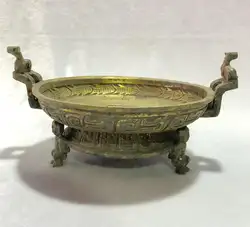 Антикварная античная бронза ритуал посуда позолоченный бронзовый украшения тарелка фрукты надпись боксе тротуар
