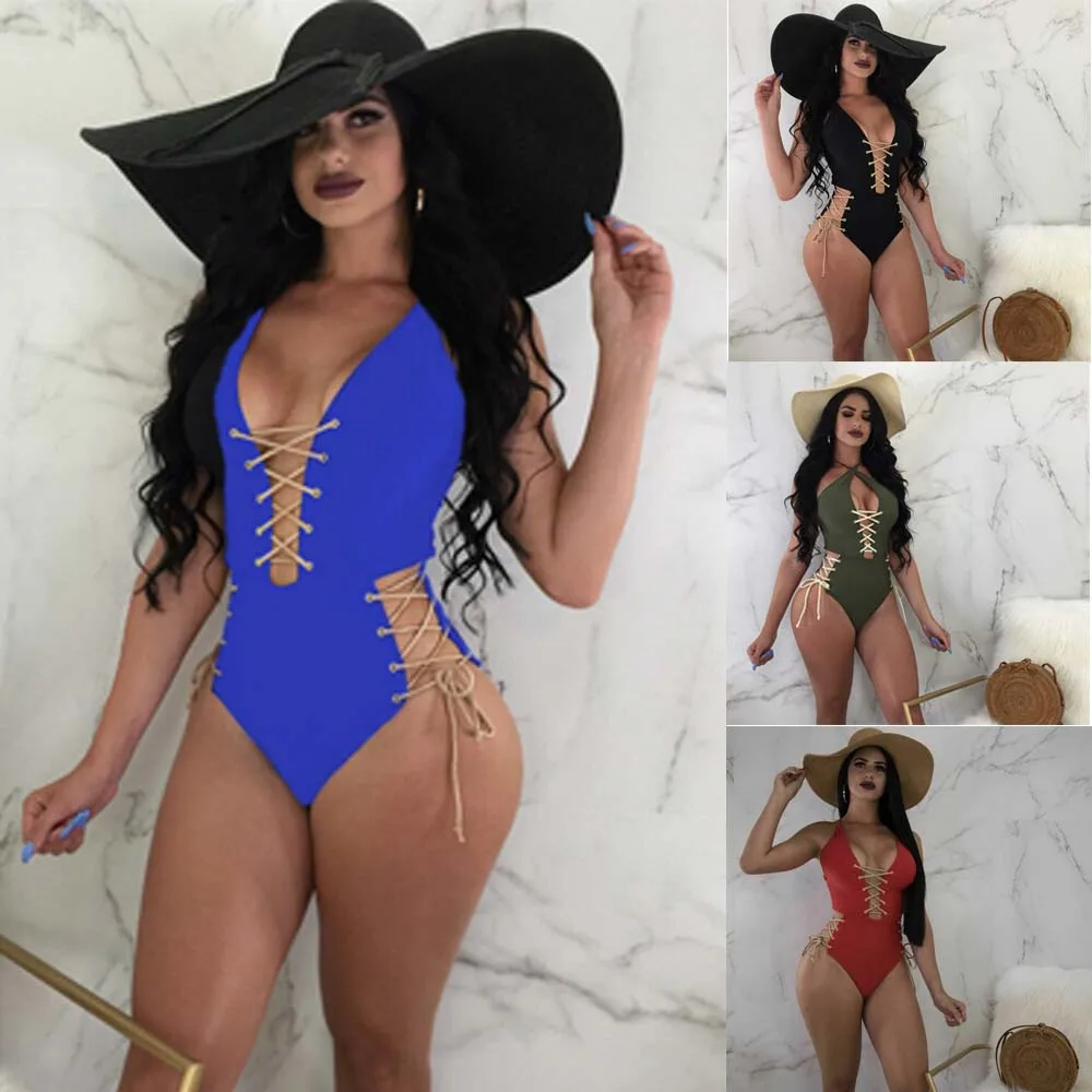 Summer Sexy Bandage One Piece Swimsuits HOT Women Summer Sexy Deep V-Neck Backless Bandage One Piece Swimsuit white lace bodysuit