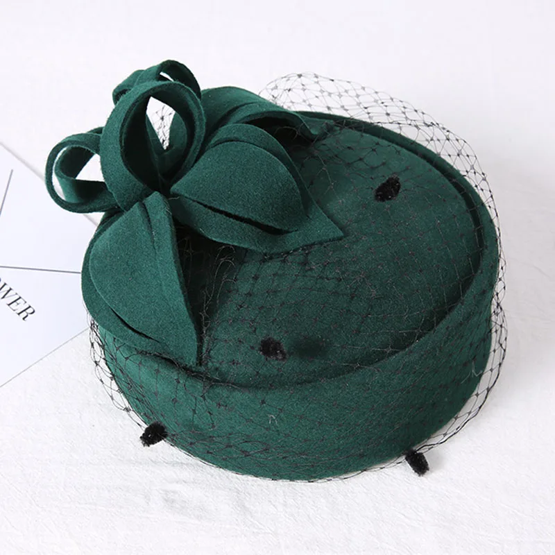 Женская Формальная фетровая шерстяная шляпа, женская вуаль, Коктейльная гонка, Дерби, вечерние, Свадебные шляпы, винтажная шерстяная шляпа-Вуалетка с цветами, шляпы для Федоров - Цвет: Зеленый