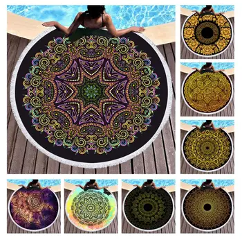 

Free shipping Retro BOHO Oriental Gold Mandala Circles Flower Pattern Large Round Swim Spa Bath Beach Towel Blanket Throw 150cm