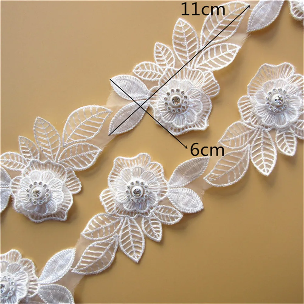 2 Meters White Flower Diamond Beads Lace Trim Ribbon Wedding Applique DIY Sewing