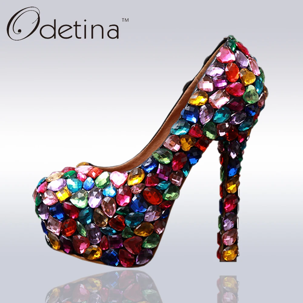 multi colored rhinestone pumps