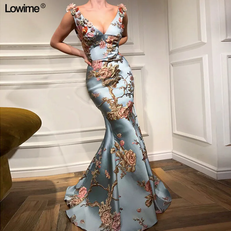 New Arrival Mermaid V-neck Evening Dress 2018 Sleeveless Printed Flowers Prom Dress Long vestido de festa longo
