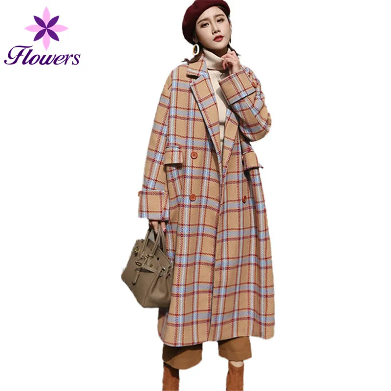 New Autumn Winter Wool Coat Women Fashion Plus Size Loose Yellow Plaid ...