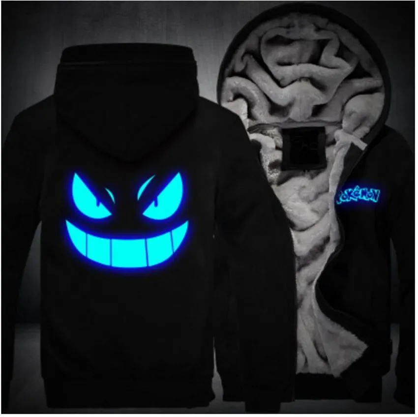 Online Chaqueta 2019 invierno con capucha cremallera sudaderas luminosas Pokemon Go Pocket Harajuku chándales Monster Gengar Cosplay Hoodies hombres