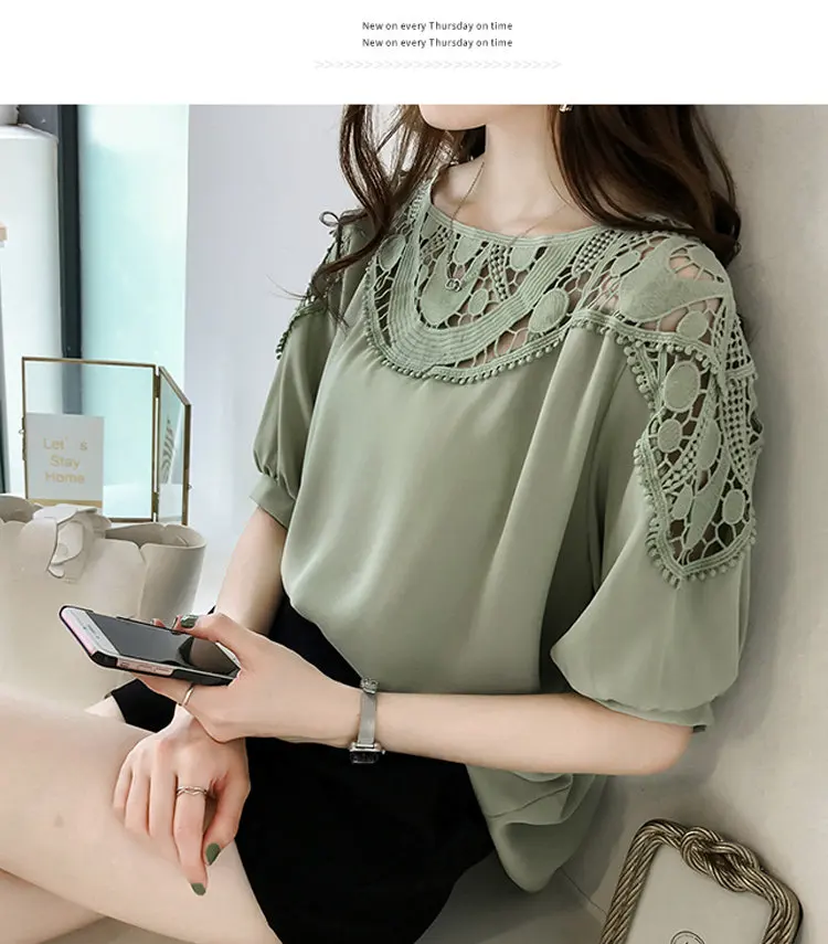 New Summer Tops Large Size Chiffon Blouses Women Korean-style Hollow Lace Patchwork Shirts Femme Casual Short Sleeve Blusas Mujer De Moda 2019 (10)