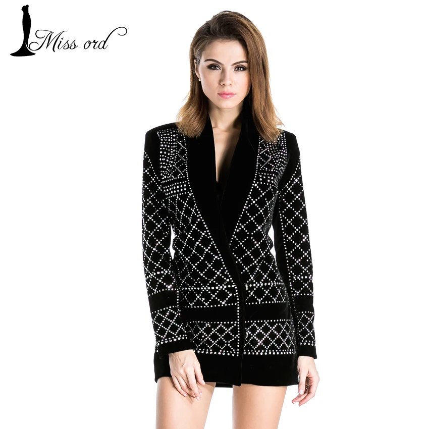  Missord 2016 Sexy V-neck long-sleeved geometric studded velvet blazer dress FT3612 Rhinestone 