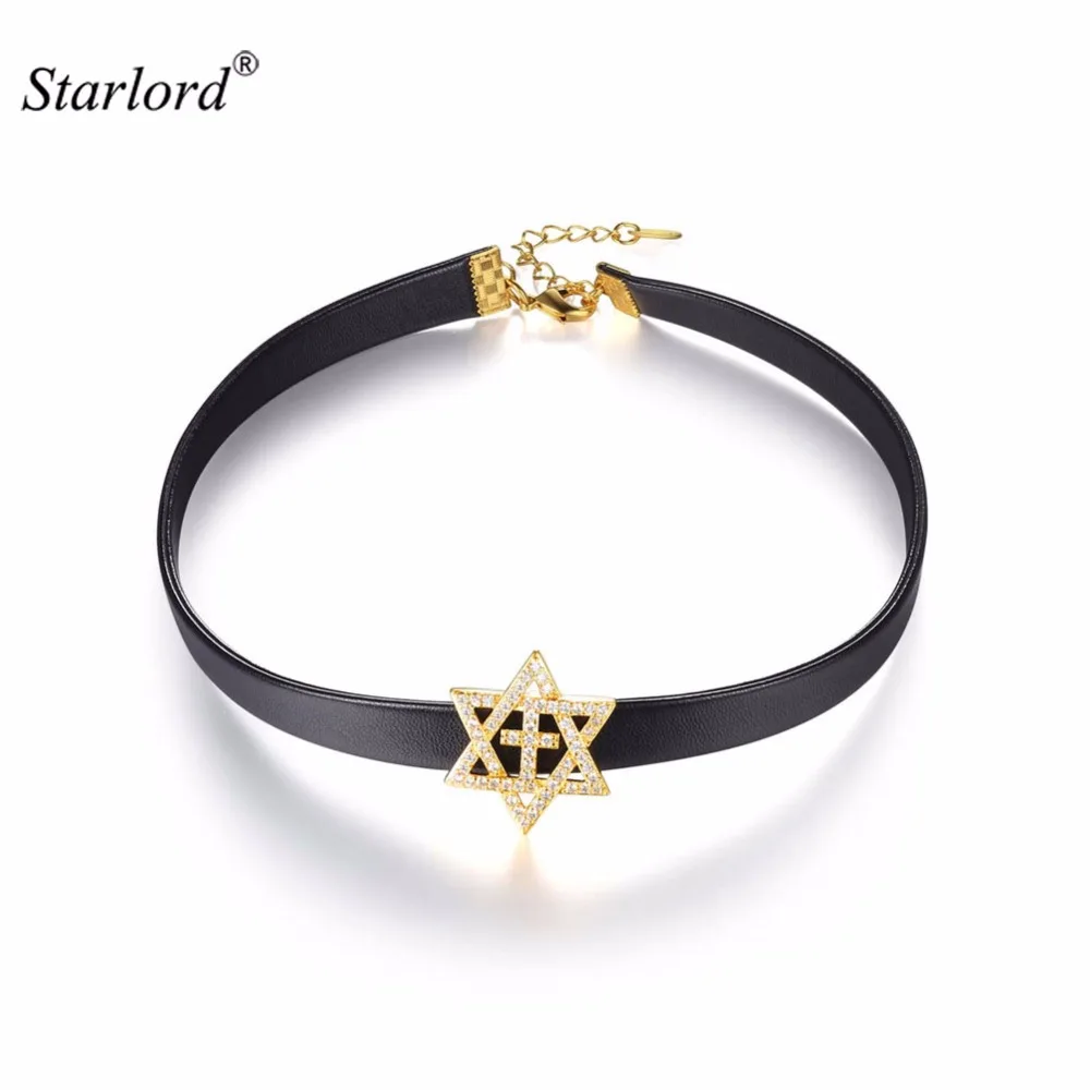 Ожерелье чокер из искусственной кожи с фианитом N2739|star of david|star david necklacestar gold |