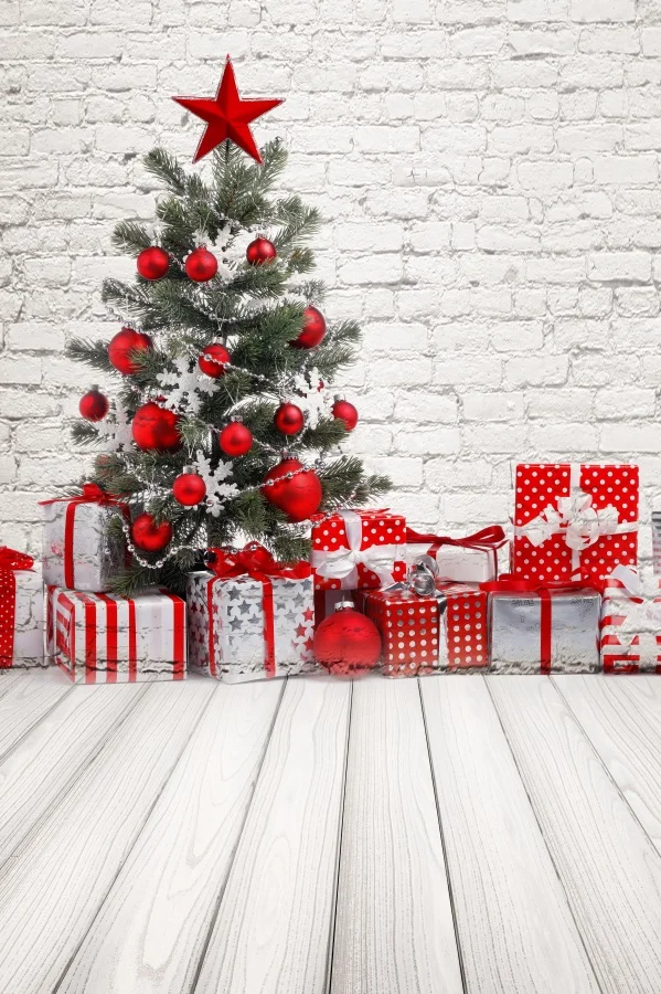 Laeacco Gray Brick Wall Christmas Tree Wooden Board Gift Child Portrait