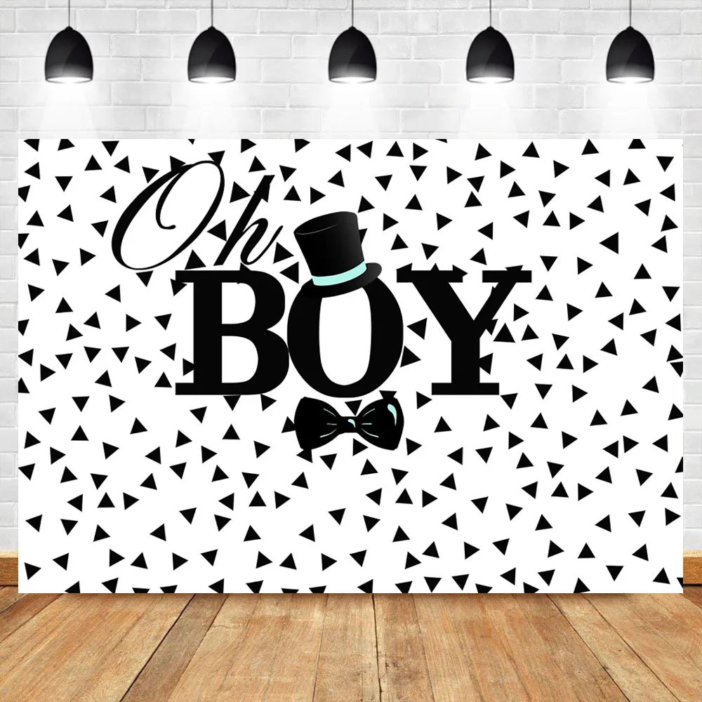 

NeoBack Oh Boy Baby Shower Photography Backdrops Hat Mustache Black Triangle Custom Photography Backdrops Studio Shoots