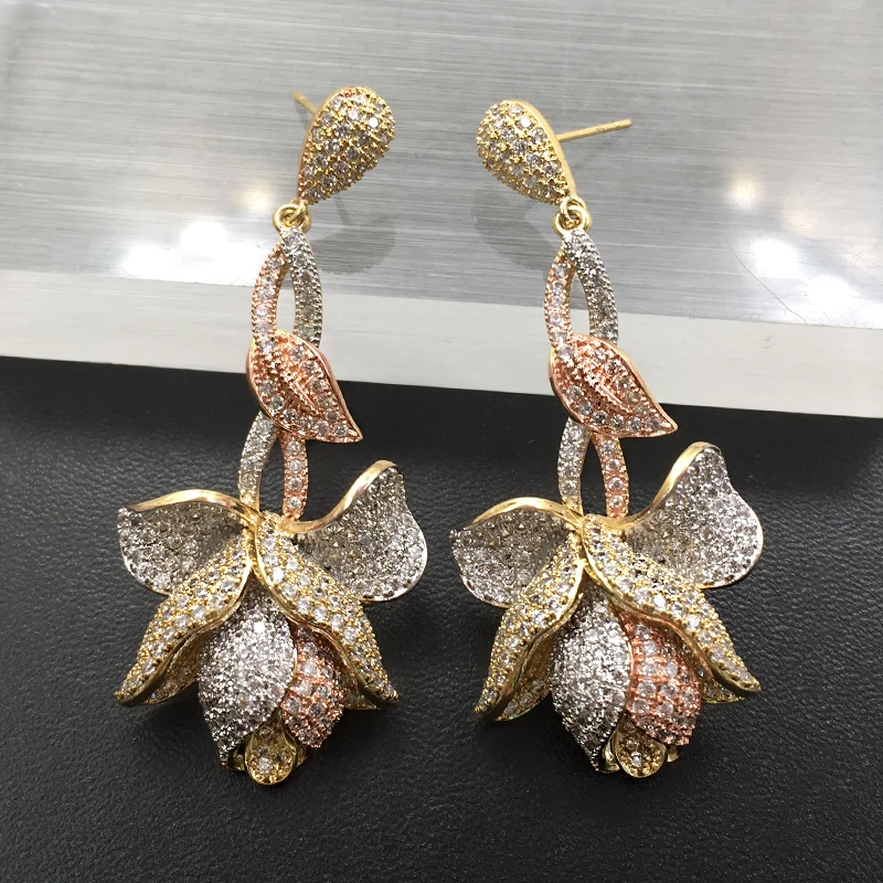 Lanyika модные ювелирные изделия Элегантные Роскошные Цветы Длинные кубические циркониевые серьги-гвоздики микро паве для свадьбы популярный свадебный лучший подарок