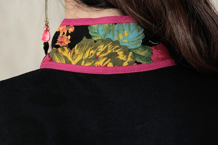KYQIAO винтажная рубашка этнический дизайн воротник стойка с длинным рукавом черный цветочный принт рубашка Женская традиционная китайская одежда