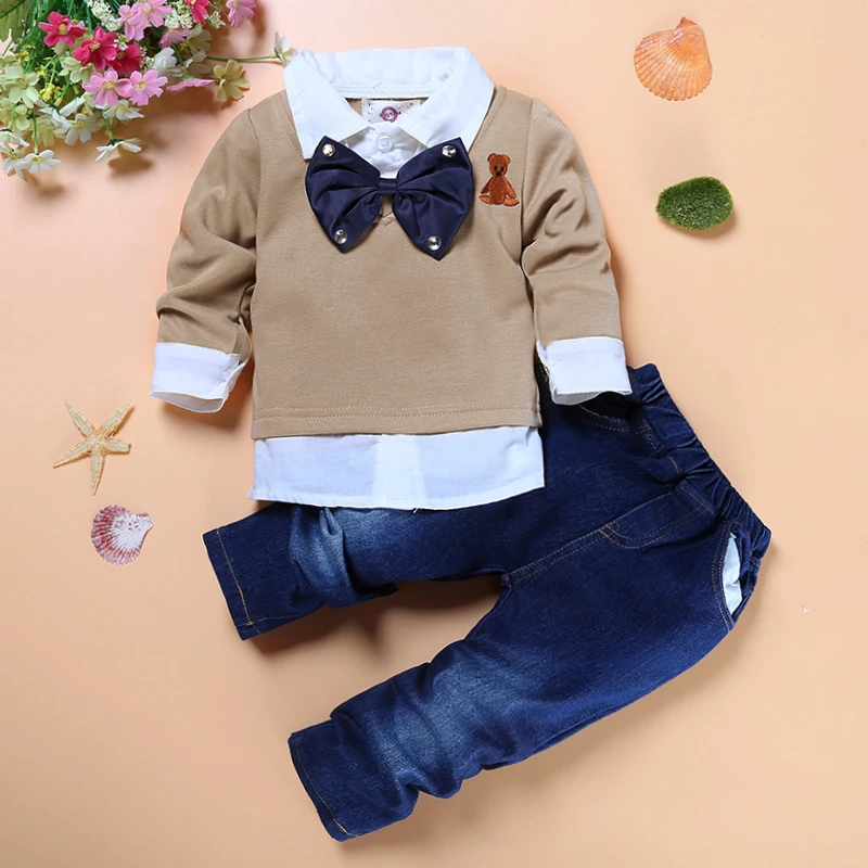 

DTZ238 High quality boys handsome clothing 2 pcs / Set. children gentleman tie fake two-piece Pullover + jeans Children set 2019