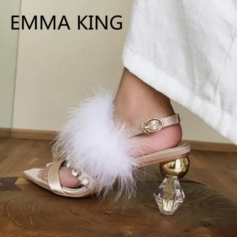 

Summer New Crystal Heel Designer Shoes Woman Feather Runway Party Sandals Open Toe Ankle Strap High Heels Women Gladiator Sandal