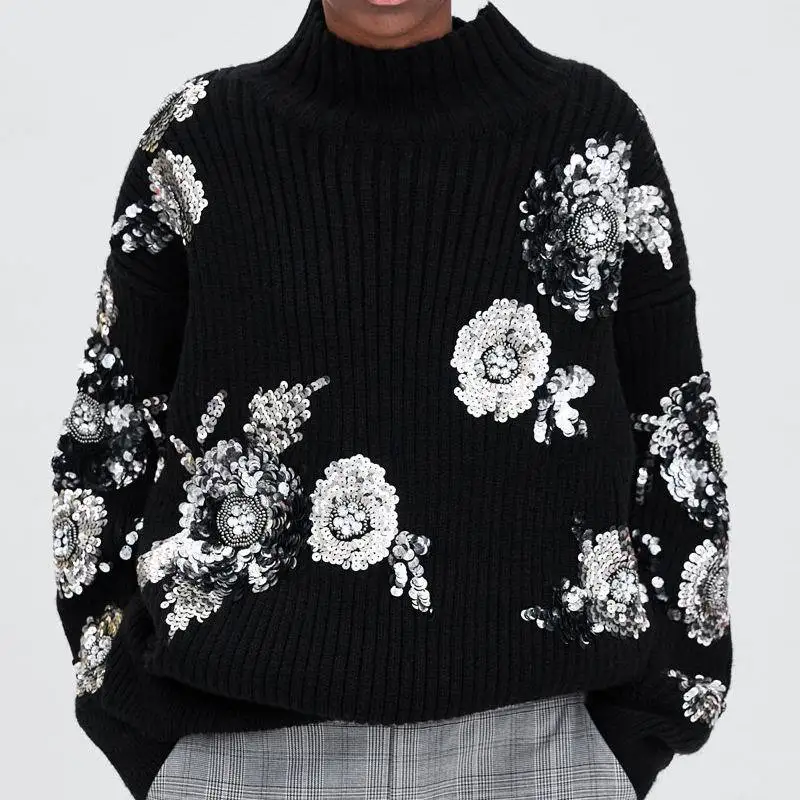 Autumn Sequined WomenTurtleneck Knitted Basic Sweaters Winter Warm Floral Long Sleeve Pullover Top Black loose Pull Femme Jumper | Женская