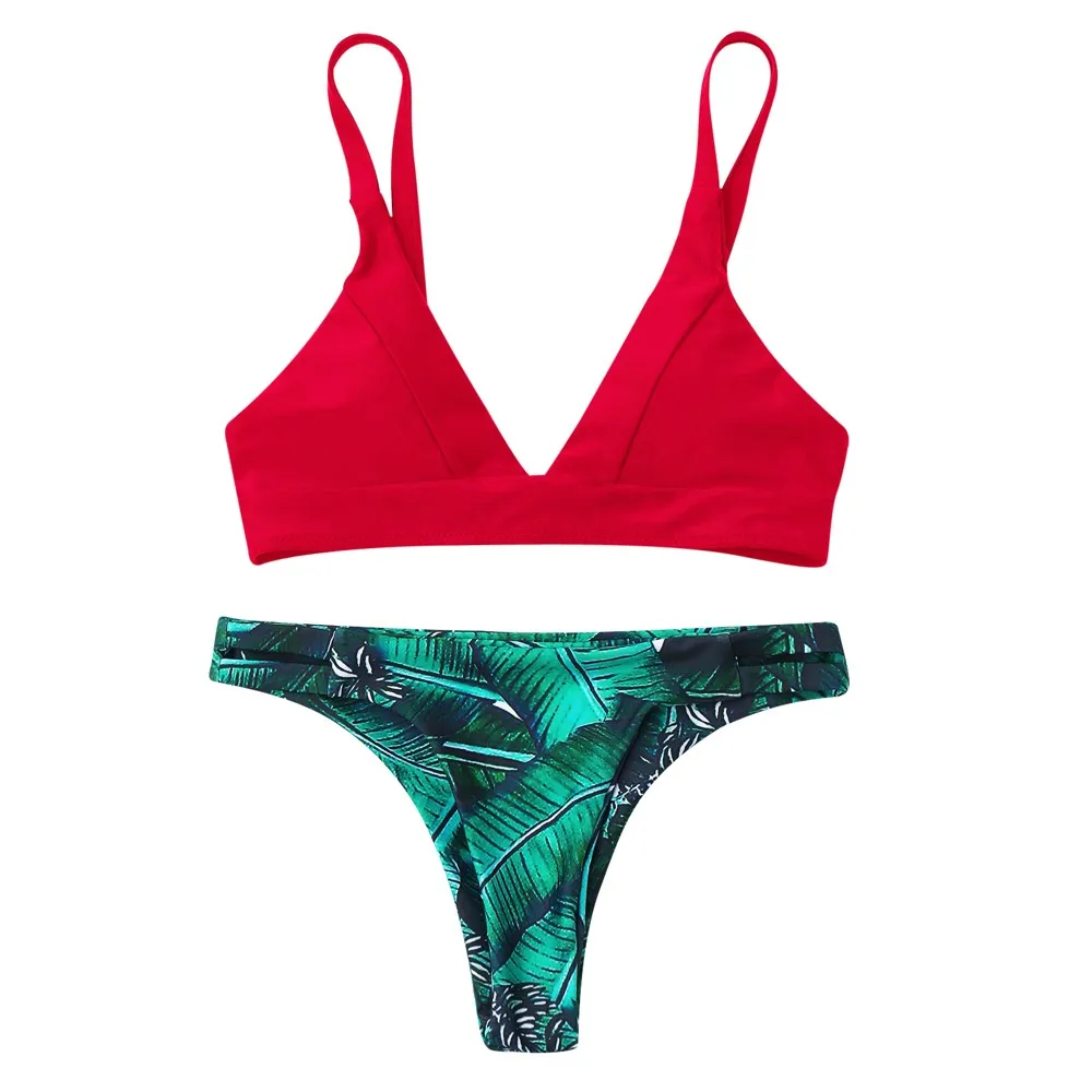 

SAGACE Green Leaf Print Bikini Sexy High Cut Woment Bikini Set Bohemian Style Women Black Pink Red White Bikini push up 3 Colors