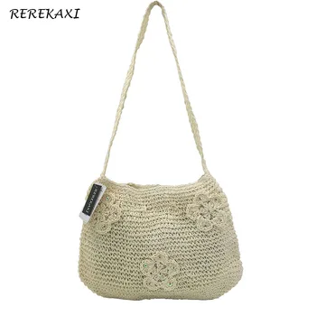 

REREKAXI New Fashion Simple Hollow Straw Beach Bags Women Shoulder Bag Vintage Knitted Handbag Handmade Ladies Messenger Bag