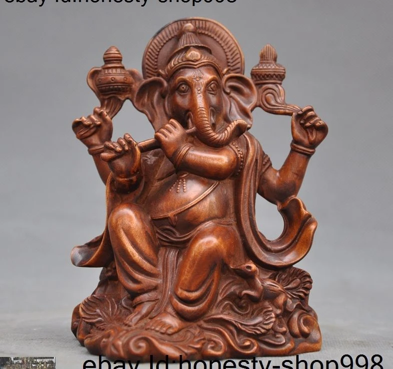 Старый Тибет Boxwood деревянный Буддизм Богатство Бог 4 руки слон джамбала Будда