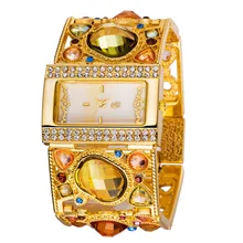 Женские золотые часы-браслет с украшением из изящных разноцветных бриллиантов, Золотые модные часы