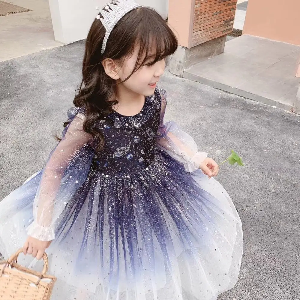 

High-end Customized autumn long sleeve Super Beautiful gradient col l Dress For Girls sequined gauze dress for party