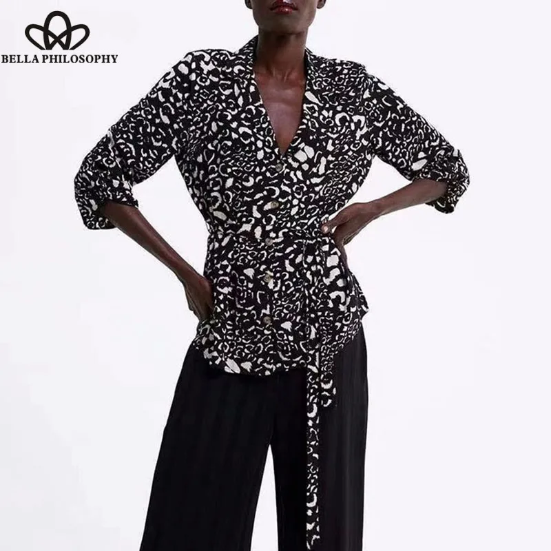 Wonder Spring Long Sleeve Leopard Blouse Shirts Vintage Animal Print Female Loose Blouse Casual Sashes Lady V-Neck Tops 2019 new