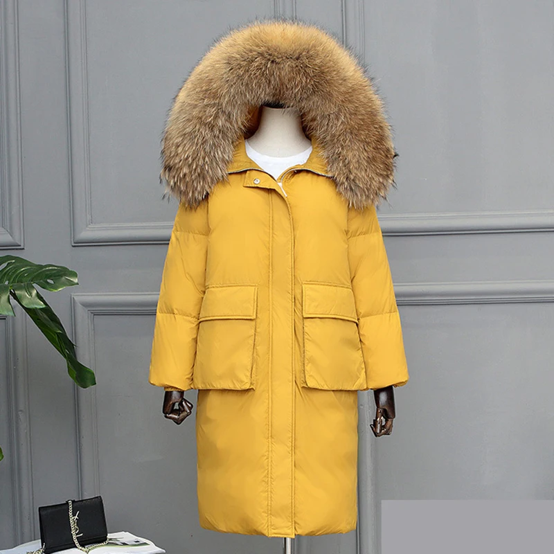 

Winter Jacket Women Fur Collar White Duck Down Long Parkas Thick warm Coat Female Hooded Pockets Snow Outerwear Casual overcoat