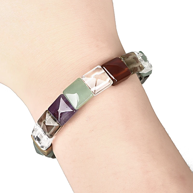 Кристальный квадратный прозрачный жемчуг и 7,5 мм толщина семь цветов камень браслет с драгоценными камнями, великолепный настоящий