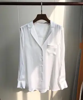 

2019 New Women Single Pocket Silk Satin Shirt Long Sleeve Turn Down Collar Soft Blouse Top