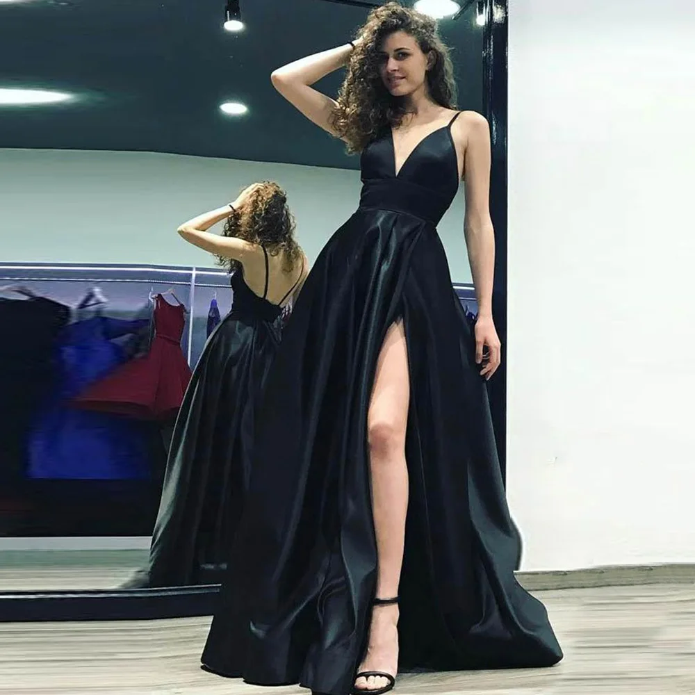 

V Neck Spaghetti Straps Prom Dresses Front Split A Line Open Back Sweep Train Long Evening Party Dress Vestido De Fiesta