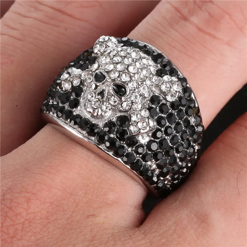 

10pcs Skull Cubic Zirconia Rings for Men Hiphop/Rock Star Croix Johnny Hallyday Stainless Steel Black and White Birthstone Ring