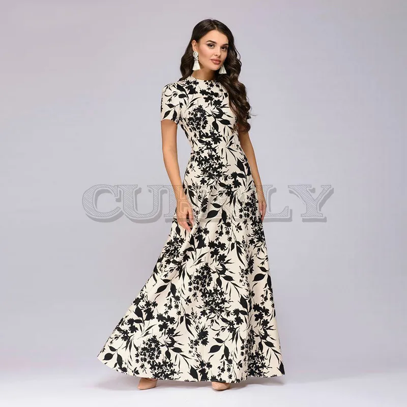 Image CUERLY Women Summer Long Dress Short Sleeve Floral Print Boho Dress Elegant Party Dress Slim Sundress CUERLY de festa