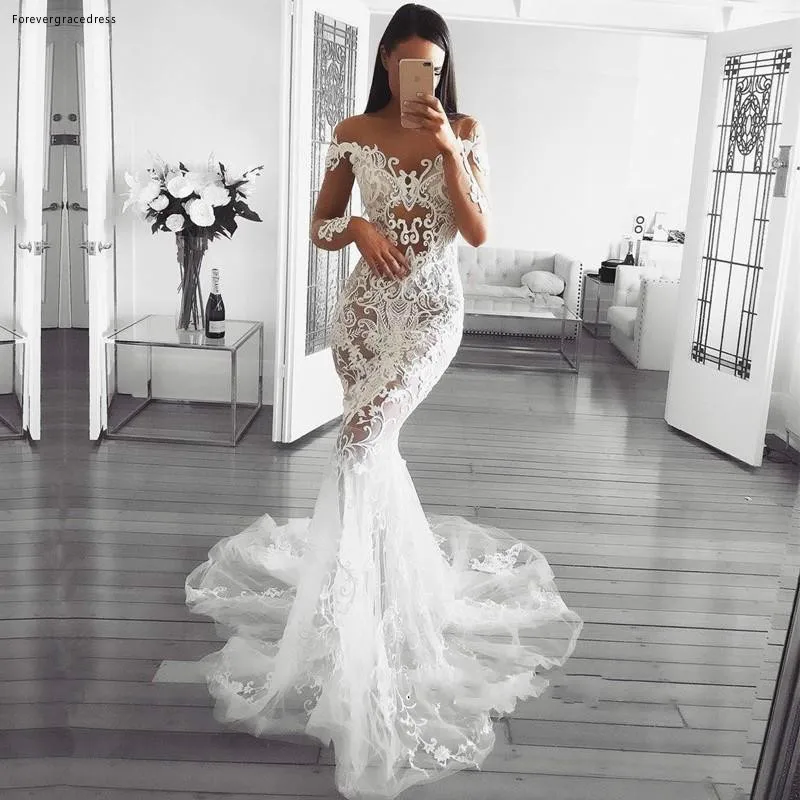 2019 Popular Lace Mermaid Wedding Dresses Sheer Long Sleeves Appliqued Bridal Gowns with Court Train Robe de soriee  182
