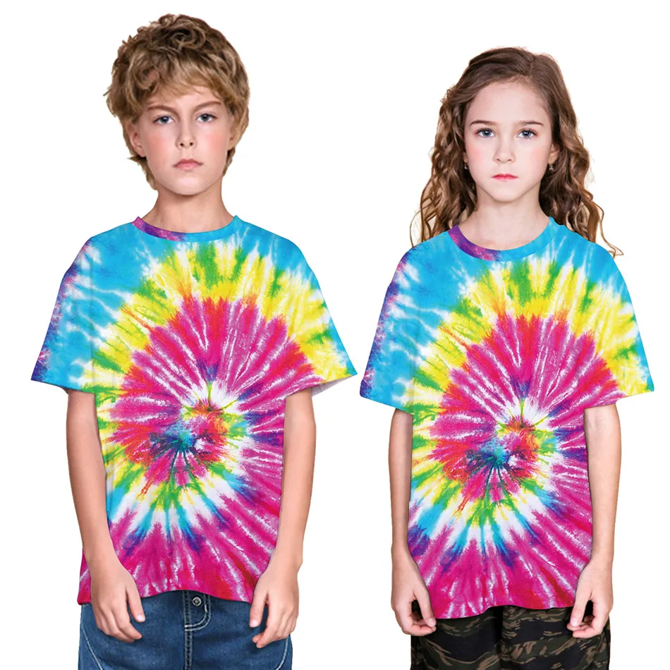 Детская Tie Dye печатных футболки с коротким рукавом для мальчиков и девочек в стиле хип-хоп Лето уличной футболки Дети Мода Повседневное футболки
