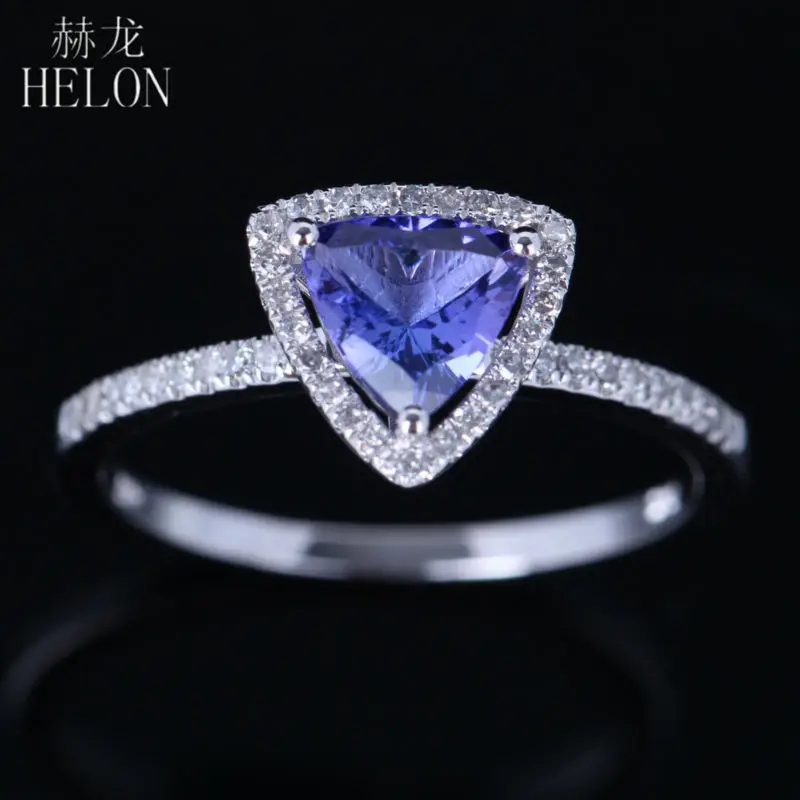 HELON Solid 10 к белое золото безупречное 6 мм триллион 0.7ct Танзанит проложить 0.2ct бриллианты обручальное кольцо для женщин ювелирные украшения