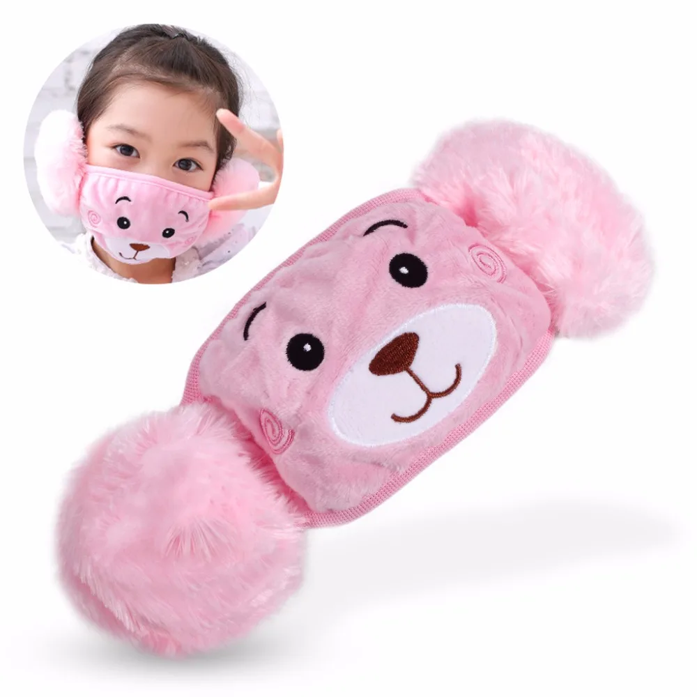 Winter Plush Mouth-Masks For Children Earloop Face-Mouth Mask Warm And Dustproof Pink Cartoon Bear Pattern (1)