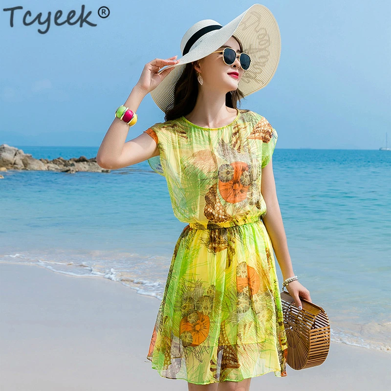 

Tcyeek Real Silk Beach Summer Dress Women Print Plus Size Dress Elegant Midi Party Dress Office Vestidos Verano 2019 LWL1582