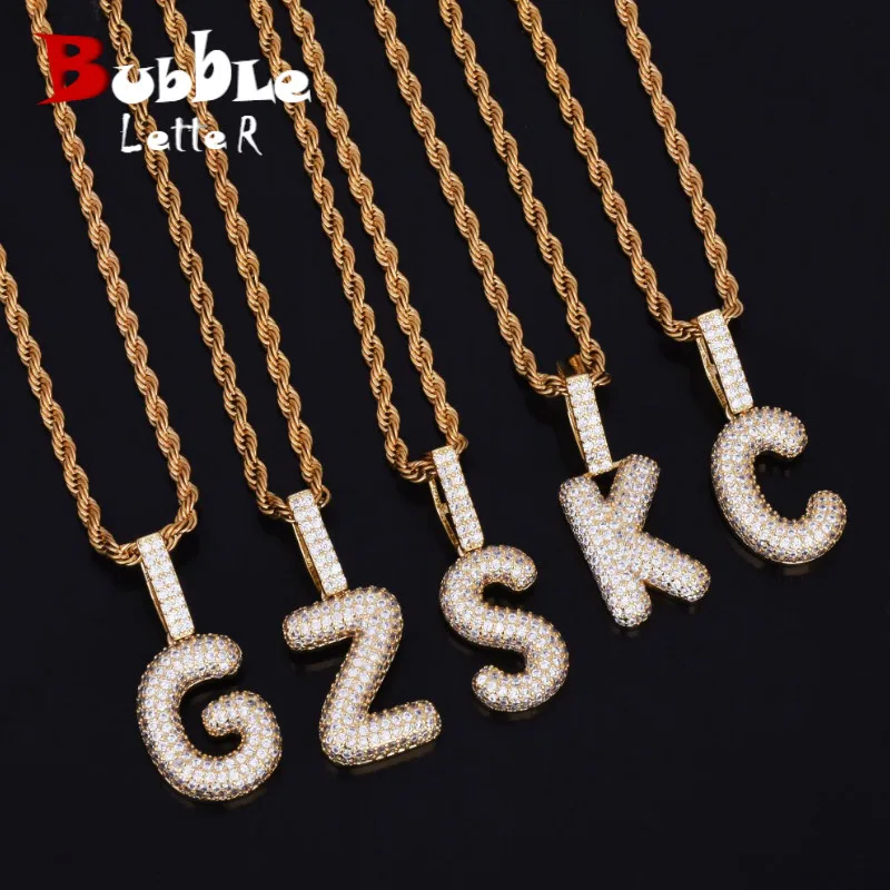 A Z Single Small Bubble Letters Pendant Necklace Charm For Men Women Gold Color Cubic Zircon