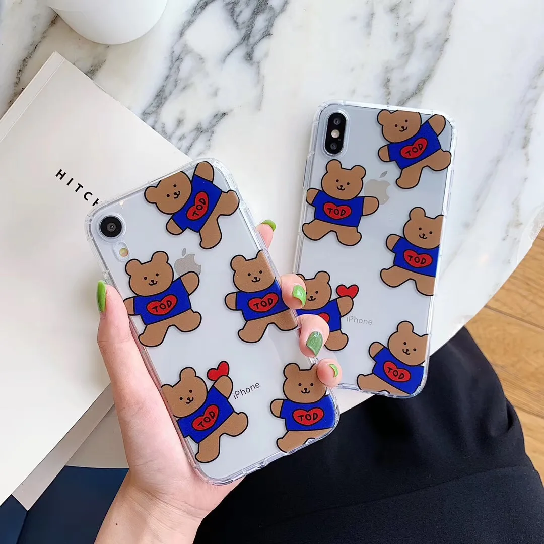 

INS Korea Simple cute Blue TOD Coffee Bear Phone case For iphone Xs MAX XR X 6 6s 7 8 plus Transparent soft TPU back Cover Coque