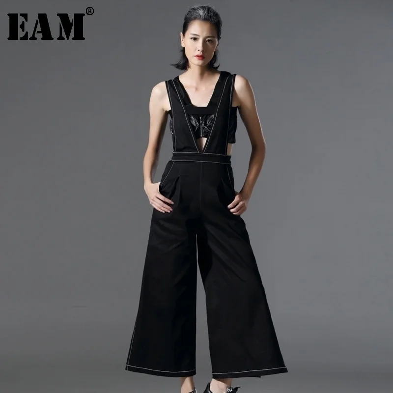 

[EAM] Customize 2019 Spring Personality Cowboy Straps Wide Leg Long Black Pants Hollow Out Two Pockets AZ00141S