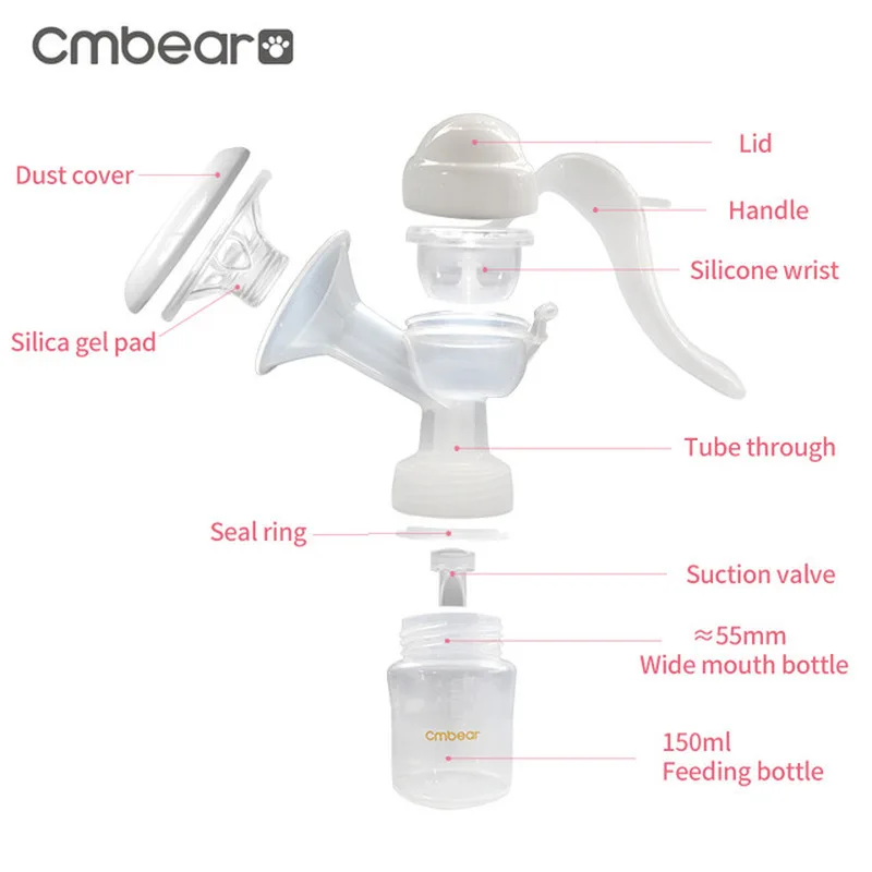 Cmbear Manual Breast Pump Powerful Baby Nipple Suction 150ml Feeding Milk Bottles Breasts Pumps Bottle Sucking Bottle Nipple