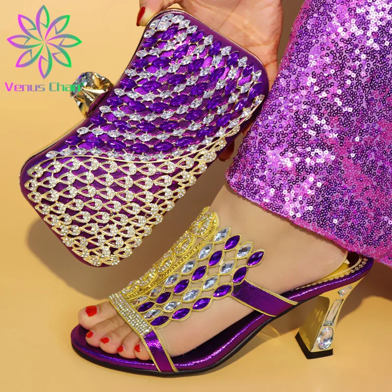 Italian-Shoes Matching-Bags Fashion Sandals Wedding-Party Purple-Color with Bag-Set
